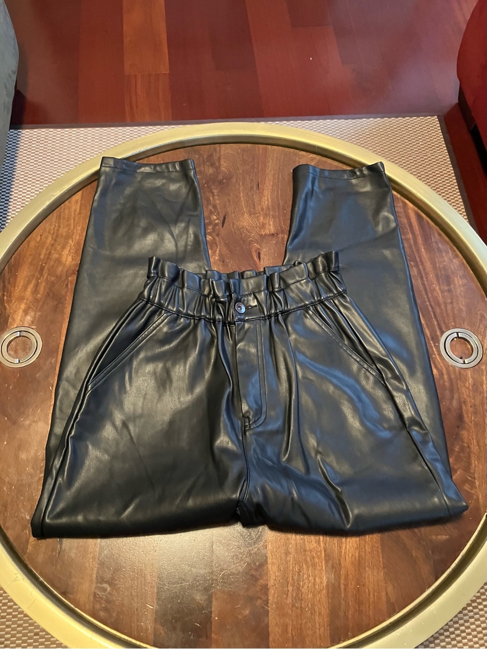 Zara Black Faux Leather Paperbag Waist Straight-Leg Pants Size 2